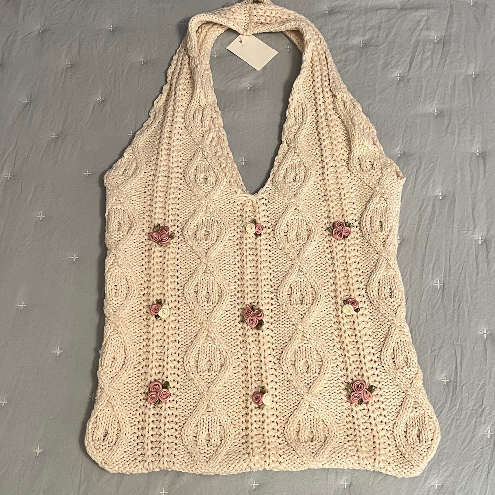 NWT Ivory Knit Bag with Pink Floral Accents